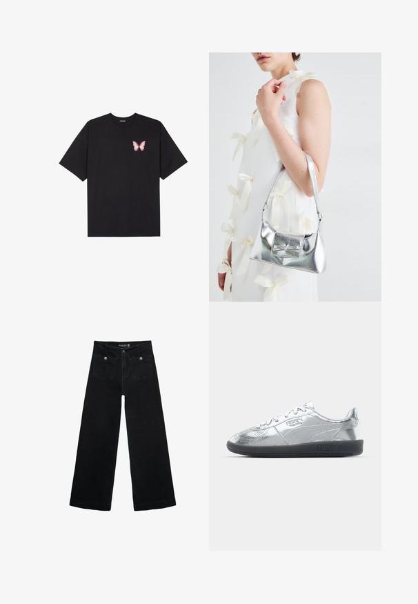 T-shirt nera in cotone con maniche corte, caratterizzata da una piccola grafica di una farfalla rosa sul lato sinistro del petto. Design a girocollo con una vestibilità rilassata.; Jeans neri a gamba larga con vita alta, dotati di due tasche frontali e dettagli in metallo sui bottoni. Il tessuto ha una texture liscia.; Sneakers argentati con una tomaia liscia e riflettente, dotati di suole in gomma nere e un classico design con allacciatura. Logo Puma sul lato.; Borsa a mano metallica argento con forma strutturata, dotata di manico superiore e dettaglio a fiocco sulla parte frontale. Texture liscia e finitura riflettente.
