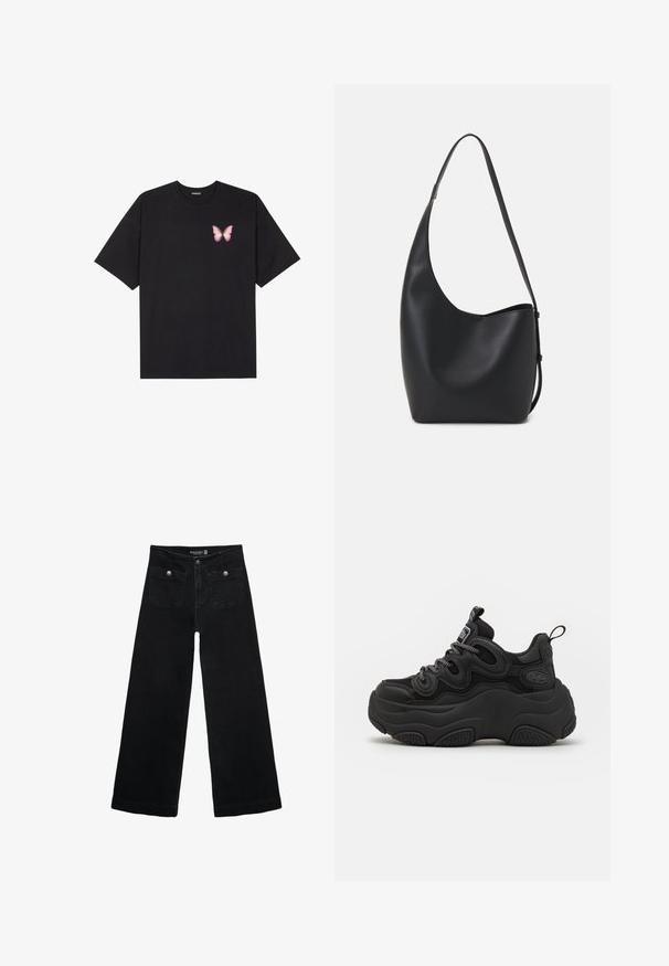 Crna pamučna majica s kratkim rukavima, s malim grafičkim prikazom ružičaste vjetricaste s desne strane na prsima. Dizajn s okruglim izrezom i opuštenim krojem.; Crne široke traperice s visokim strukom, koje imaju dva prednja džepa i metalne gumbe kao ukrase. Tkanina ima glatku teksturu.; Crne tenisice s robustnim dizajnom, s teksturiranim gornjim dijelom, mrežastim panelima i debelim gumenim potplatom. Reflektirajuće vezice i detalji brendiranja vidljivi.; Crna kožna hobo torba s glatkom teksturom, zakrivljenim oblikom i jednom podesivom trakicom; ima širok otvor na vrhu.