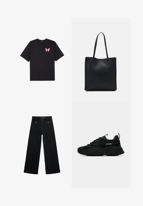 Čierne bavlnené tričko s krátkymi rukávmi, s malým ružovým motýlikom na ľavej hrudi. Design s okrúhlym výstrihom a uvoľneným strihom.; Čierne široké nohavice s vysokým pásom, s dvoma prednými vreckami a kovovými detailmi na gombíku. Tkanina má hladkú textúru.; Čierne chunky tenisky Steve Madden s mriežkovými panelmi, hrubou podrážkou, pútkami na jazyku a päte, bočné logo písma, zobrazené v profile.; Čierna kožená taška na rameno s hladkým povrchom, obdĺžnikovým tvarom a dvoma dlhými uchami. Bez viditeľného kovania alebo ozdôb.