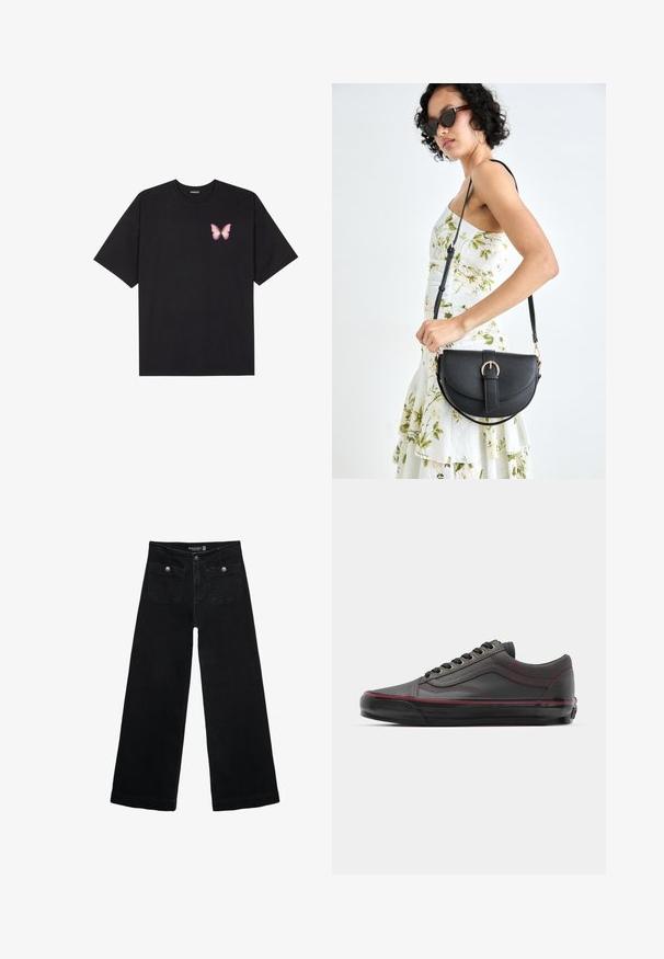 Schwarzes Baumwoll-T-Shirt mit kurzen Ärmeln, das ein kleines pinkes Schmetterlingsmotiv auf der linken Brust zeigt. Crewneck-Design mit einem entspannten Schnitt.; Schwarze, weit geschnittene Jeans mit hoher Taille, die zwei Fronttaschen und metallene Knopfakzente aufweist. Der Stoff hat eine glatte Textur.; Schwarze Ledersneaker mit burgunderfarbenen Akzenten, runder Zehenpartie, Schnürdesign, sichtbarer Naht und strukturiertem Gummisohle.; Schwarze Lederhandtasche mit geschwungener Form, abnehmbarem Tragegurt und goldenen Beschlägen. Die Tasche verfügt über einen Deckel mit einer Schnallen-Details.