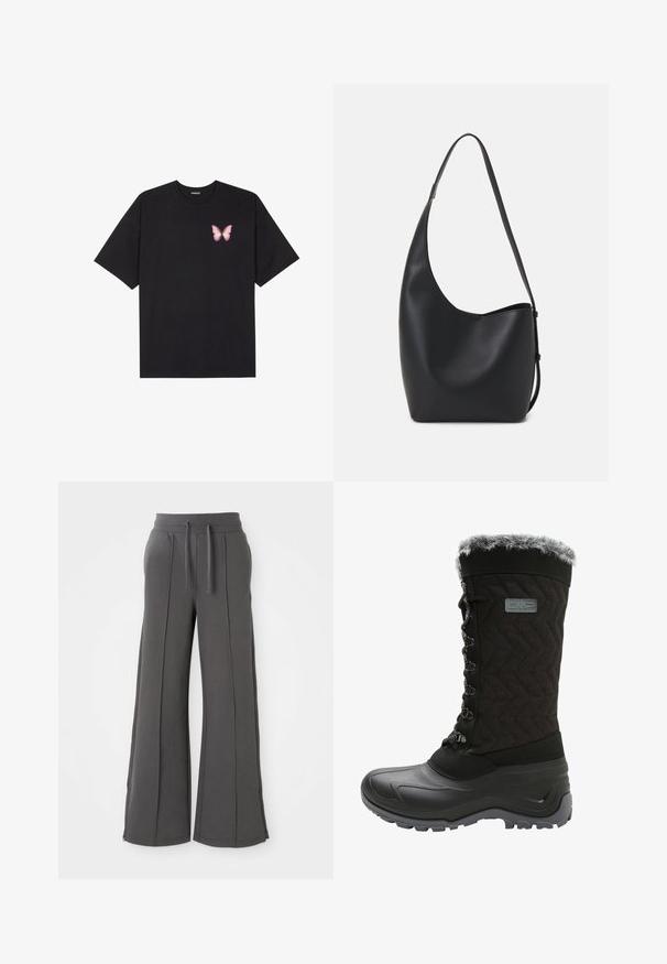 Zwarte katoenen t-shirt met korte mouwen, voorzien van een kleine roze vlinder graphic op de linkerkant van de borst. Crew neck ontwerp met een relaxte fit.; Donkergrijze wijde sweatpants met voornaad, elastische tailleband, trekkoorden, zijzakken en ritssluiting aan de onderzijde op een witte achtergrond.; Zwarte winterlaars met een bovenkant van textuurstof, nepbontafwerking, vetersluiting aan de voorkant en rubberen outsole voor grip. Met een zigzagpatroon.; Zwarte leren hobo tas met een gladde textuur, kromme vorm en een enkele verstelbare schouderband; heeft een brede opening aan de bovenkant.