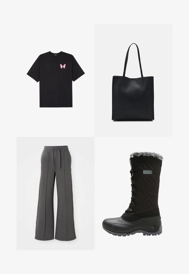 Zwarte katoenen t-shirt met korte mouwen, voorzien van een kleine roze vlinder graphic op de linkerkant van de borst. Crew neck ontwerp met een relaxte fit.; Donkergrijze wijde sweatpants met voornaad, elastische tailleband, trekkoorden, zijzakken en ritssluiting aan de onderzijde op een witte achtergrond.; Zwarte winterlaars met een bovenkant van textuurstof, nepbontafwerking, vetersluiting aan de voorkant en rubberen outsole voor grip. Met een zigzagpatroon.; Zwarte leren handtas met een gladde textuur, rechthoekige vorm en twee lange handvaten. Geen zichtbare hardware of versieringen.