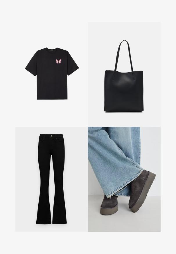 Camiseta de algodón negra de manga corta, con un pequeño gráfico de mariposa rosa en el lado izquierdo del pecho. Diseño de cuello redondo con un corte relajado.; Jeans negros de cintura alta con cierre de botón y cremallera, bolsillos frontales y piernas acampanadas, dispuestos sobre un fondo blanco.; Botas de ante gris hasta el tobillo con una suela de goma gruesa y estriada, combinadas con pantalones de mezclilla anchos de color azul claro. Las botas tienen un detalle de cremallera lateral.; Bolso tote de cuero negro con textura lisa, forma rectangular y dos asas largas. Sin herrajes ni adornos visibles.
