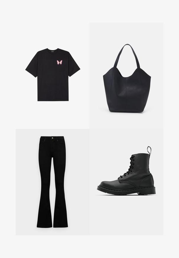 T-shirt nera in cotone con maniche corte, caratterizzata da una piccola grafica di una farfalla rosa sul lato sinistro del petto. Design a girocollo con una vestibilità rilassata.; Jeans neri a vita alta con chiusura a bottoni e zip, tasche frontali e gambali svasati, distesi su uno sfondo bianco.; Stivale da combattimento in pelle nera con punta tonda, chiusura con lacci e linguetta alla caviglia. Presenta una suola in gomma spessa per durabilità.; Borsa tote nera realizzata in pelle liscia, con una parte superiore curva e aperta, dotata di due manici per spalla e un design minimalista.