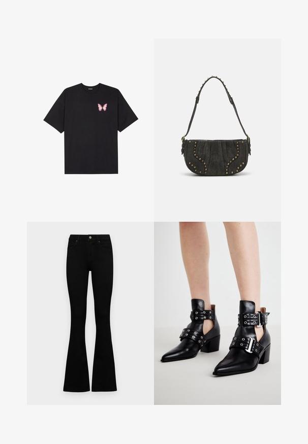 Schwarzes Baumwoll-T-Shirt mit kurzen Ärmeln, das ein kleines pinkes Schmetterlingsmotiv auf der linken Brust zeigt. Crewneck-Design mit einem entspannten Schnitt.; Schwarze hochtaillierte Jeans mit einem Knopf- und Reißverschluss, Fronttaschen und ausgestellten Beinen, flach auf einem weißen Hintergrund ausgelegt.; Schwarze Lederknöchelstiefel mit spitzen Zehen, ausgestattet mit Ösen und zwei verstellbaren Schnallen. Blockabsätze sorgen für Stabilität.; Schwarze Wildleder-Handtasche mit gewölbtem Design, verziert mit Nietenakzenten und einer strukturierten Oberfläche. Verstellbarer Tragegurt mit Nieten entlang des Randes.