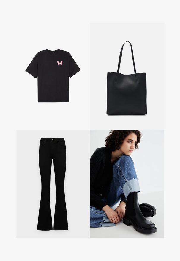 Black cotton t-shirt with short sleeves, featuring a small pink butterfly graphic on the left chest. Crew neck design with a relaxed fit.; Black high-waist jeans with a button and zip closure, front pockets, and flared legs laid flat on a white background.; Black ankle boots with elastic side panels, thick sole, and a square toe. Worn with distressed blue jeans featuring a frayed hem.; Black leather tote bag with smooth texture, rectangular shape, and two long handles. No visible hardware or embellishments.
