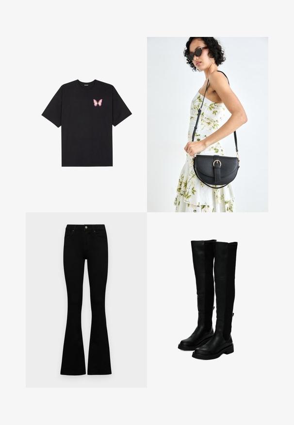 Fekete pamut póló rövid ujjakkal, bal mellkason egy kis rózsaszín pillangó grafikával. Kerek nyakú kialakítás, laza fazonnal.; Fekete, magas derekú farmernadrág gomb- és cipzárzárral, elülső zsebekkel és harangszárral, laposan egy fehér háttérre terítve.; Fekete, térd feletti csizma sima bőrből, bordázott textilszegélyekkel, lapos talppal és széles, strukturált formával.; Fekete bőrtáska ívelt formával, levehető pánttal és arany színű fémrészekkel. A táskán egy csattal díszített fedél található.