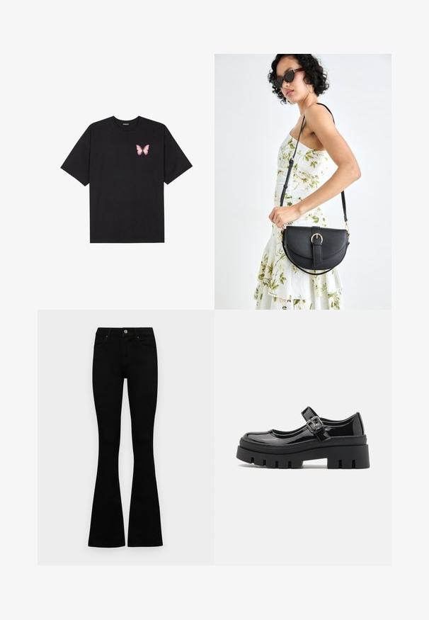 Svart bomulls T-skjorte med korte ermer, med en liten rosa sommerfugl grafikk på venstre bryst. Crew-neck design med en avslappet passform.; Sorte høytlivsjeans med knapp og glidelås, frontlommer og utsvingte bein liggende flatt på en hvit bakgrunn.; Even&Odd Platåsko - black; Svart lærveske med en buet form, avtagbar stropp og gullbeslag. Vesken har et klaff med spenne-detall.