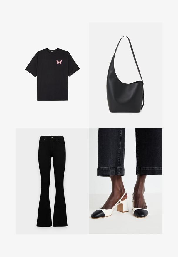 Camiseta de algodón negra de manga corta, con un pequeño gráfico de mariposa rosa en el lado izquierdo del pecho. Diseño de cuello redondo con un corte relajado.; Jeans negros de cintura alta con cierre de botón y cremallera, bolsillos frontales y piernas acampanadas, dispuestos sobre un fondo blanco.; Zapatos slingback de tacón bloque en blanco y negro con punta afilada, material de cuero suave y detalles en color contrastante en la puntera.; Bolso tipo hobo de cuero negro con una textura suave, forma curvada y una sola correa ajustable; presenta una amplia apertura en la parte superior.