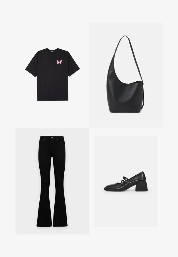 Fekete pamut póló rövid ujjakkal, bal mellkason egy kis rózsaszín pillangó grafikával. Kerek nyakú kialakítás, laza fazonnal.; Fekete, magas derekú farmernadrág gomb- és cipzárzárral, elülső zsebekkel és harangszárral, laposan egy fehér háttérre terítve.; Vagabond ANSIE - Klasszikus sarkú cipők - black; Fekete bőr hobo táska sima textúrával, ívelt formával és egyetlen állítható pánttal; széles nyílás található a tetején.