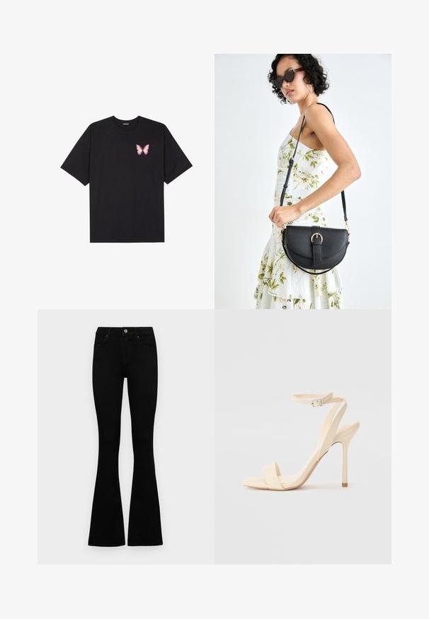 Fekete pamut póló rövid ujjakkal, bal mellkason egy kis rózsaszín pillangó grafikával. Kerek nyakú kialakítás, laza fazonnal.; Fekete, magas derekú farmernadrág gomb- és cipzárzárral, elülső zsebekkel és harangszárral, laposan egy fehér háttérre terítve.; Beige magas sarkú szandál vékony bokapánttal és négyzet alakú orral. Simább szintetikus anyag, minimalista dizájn és tűsarkú.; Fekete bőrtáska ívelt formával, levehető pánttal és arany színű fémrészekkel. A táskán egy csattal díszített fedél található.