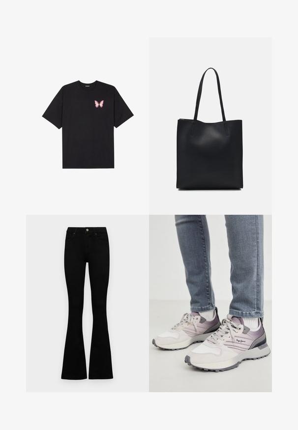 Černé bavlněné tričko s krátkým rukávem, na levém prsou s malou grafikou růžové motýlky. Design s kruhovým výstřihem a volným střihem.; Černé vysoké džíny s knoflíkem a zipovým zapínáním, předními kapsami a rozšířenými nohavicemi, ležící na bílé podložce.; Světle šedé tenisky s akcenty z semiše a síťoviny, vybavené texturovanou podrážkou, fialovými detaily a logem na boku. Nosič má na sobě džíny.; Černá kožená taška přes rameno s hladkým povrchem, obdélníkovým tvarem a dvěma dlouhými uchy. Žádné viditelné kování ani ozdoby.
