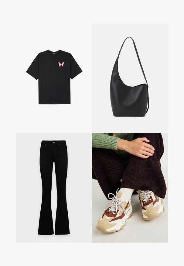 Camiseta de algodón negra de manga corta, con un pequeño gráfico de mariposa rosa en el lado izquierdo del pecho. Diseño de cuello redondo con un corte relajado.; Jeans negros de cintura alta con cierre de botón y cremallera, bolsillos frontales y piernas acampanadas, dispuestos sobre un fondo blanco.; Steve Madden POSSESSIONE - Zapatillas - brown/sand; Bolso tipo hobo de cuero negro con una textura suave, forma curvada y una sola correa ajustable; presenta una amplia apertura en la parte superior.