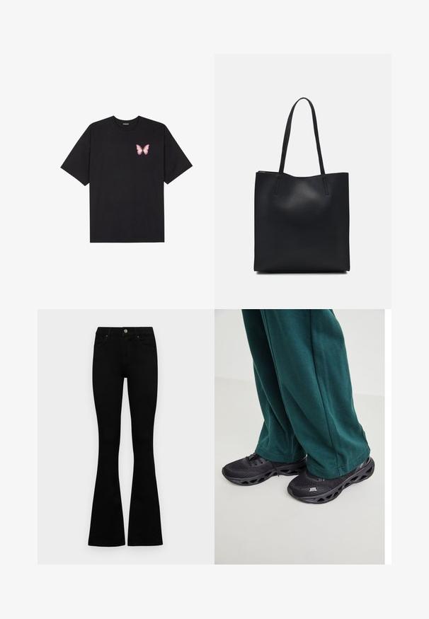 Black cotton t-shirt with short sleeves, featuring a small pink butterfly graphic on the left chest. Crew neck design with a relaxed fit.; Black high-waist jeans with a button and zip closure, front pockets, and flared legs laid flat on a white background.; Black athletic shoes with a mesh upper, feature a cushioned sole and unique cutouts. Paired with loose green sweatpants.; Black leather tote bag with smooth texture, rectangular shape, and two long handles. No visible hardware or embellishments.