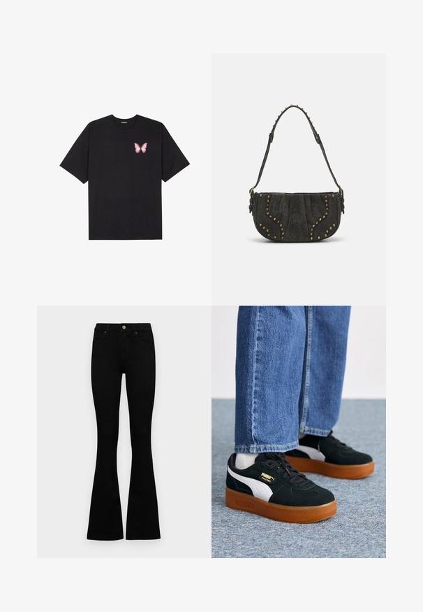 Must muströöpidega must puuvillane T-särk, vasakul rinnal on väike roosa liblikas. Ümar kaelus ja vabalt istuv lõige.; Mustad kõrge vöökohtadega teksad, millel on nööp ja lukuga sulgemine, esikäe taskud ja laienevad sääred, asetatud tasasele valgele taustale.; Musthave mustad ja valged sussid, millel on suede tekstuur ja kummi kummitald. Õlavarre peal on kuldne bränding ja ümmargused paelad, kantud siniste teksadega.; Must mustahjust kott, millel on kumer disain, kinnitusdetailide ja tekstureeritud pinnaga. Reguleeritav rihm, mille serval on nupud.