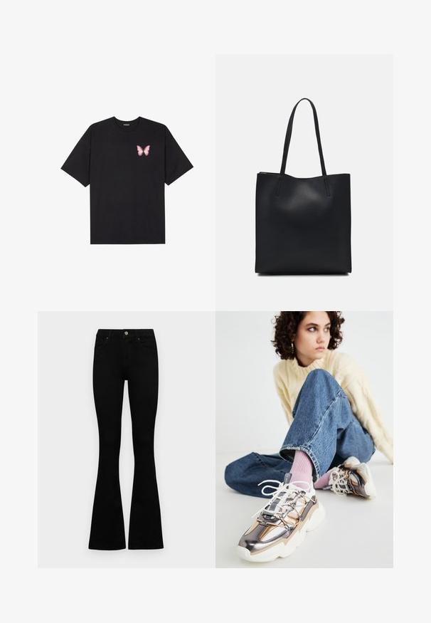T-shirt en coton noir à manches courtes, avec un petit graphique de papillon rose sur la poitrine gauche. Modèle à col rond avec une coupe décontractée.; Jean noir taille haute avec fermeture à bouton et à zip, poches avant et jambes évasées, posés à plat sur un fond blanc.; Une jeune personne avec des cheveux bouclés portant un pull crème, un jean bleu, des chaussettes roses et des baskets métalliques épaisses, assise par terre en regardant ailleurs.; Sac fourre-tout en cuir noir avec une texture lisse, de forme rectangulaire et deux longues poignées. Pas de matériel ou d'ornementations visibles.