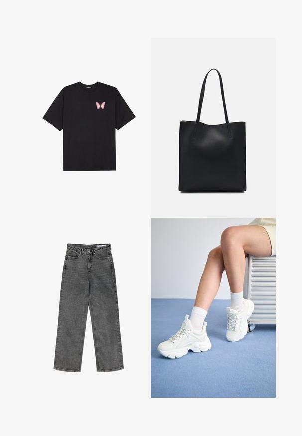 Zwarte katoenen t-shirt met korte mouwen, voorzien van een kleine roze vlinder graphic op de linkerkant van de borst. Crew neck ontwerp met een relaxte fit.; Hoge taille zwarte gewassen rechte jeans met voorzakken, riemlussen, knoopsluiting en een merklabel aan de binnenkant van de tailleband.; Witte veterschoenen met een dikke zool, gemaakt van glad synthetisch materiaal, met textuuraccenten en een lus op de hiel.; Zwarte leren handtas met een gladde textuur, rechthoekige vorm en twee lange handvaten. Geen zichtbare hardware of versieringen.