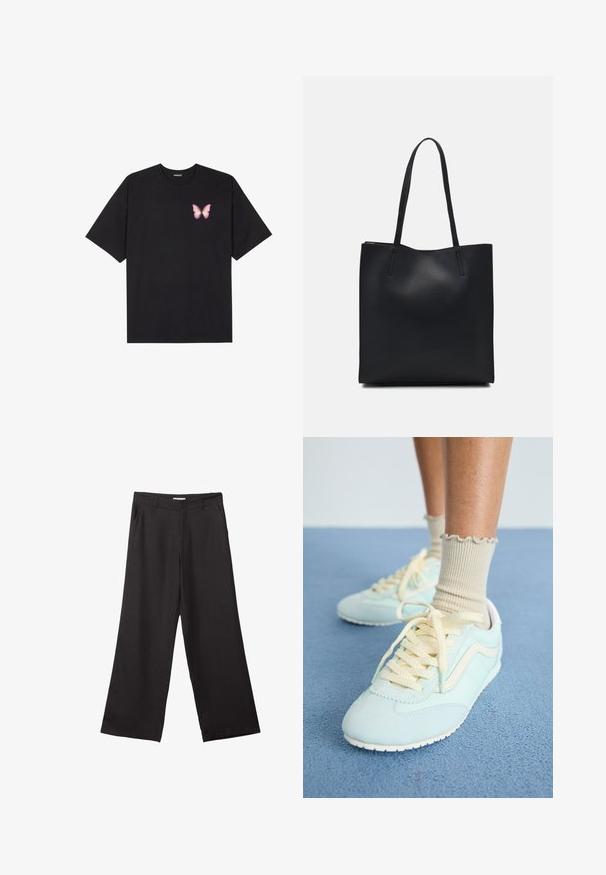 Sort bomulds T-shirt med korte ærmer, prydet med en lille pink sommerfugl grafik på venstre bryst. Rund hals design med en afslappet pasform.; Sorte bukser med vidde, lavet af glat stof, med en frontlynlås og to sidelommer, i en skræddersyet pasform og minimalistisk design.; Lyseblå ruskindsneakers med cremefarvede snørebånd og detaljer, der har en tekstureret overflade og en hvid gummisål. Rynkede beige sokker er synlige.; Sort læder tote taske med glat tekstur, rektangulær form og to lange hanke. Ingen synlig hardware eller udsmykninger.