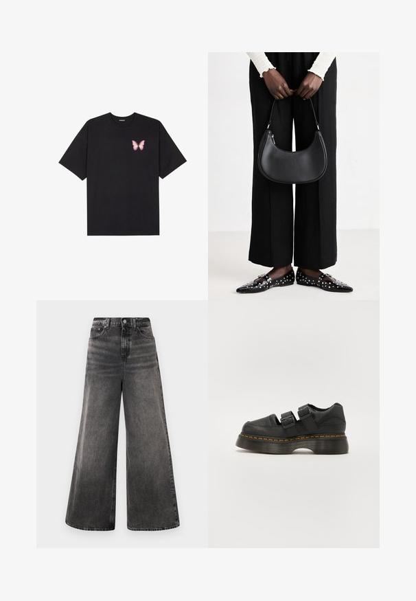 Black cotton t-shirt with short sleeves, featuring a small pink butterfly graphic on the left chest. Crew neck design with a relaxed fit.; Wide-leg black denim jeans with a faded wash, five-pocket design, and a button closure at the waistband, featuring stitched accents.; Black leather shoe with two adjustable buckle straps, raised textured sole, and visible orange stitching along the midsole.; Black leather shoulder bag with a rounded shape, glossy finish, and silver hardware. Person wearing black wide-leg pants and studded loafers.
