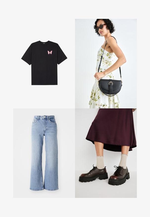 Zwarte katoenen t-shirt met korte mouwen, voorzien van een kleine roze vlinder graphic op de linkerkant van de borst. Crew neck ontwerp met een relaxte fit.; Lichtblauwe hoge taille wijde pijpen jeans met voor- en achterzakken, knoopsluiting en subtiele vervagingen op de dijen en zomen.; Bruine leren platform schoenen met dikke zwarte zolen, gecombineerd met geribbelde beige sokken met golfranden, tegen een neutrale achtergrond.; Zwarte leren handtas met een gebogen vorm, afneembare schouderband en gouden hardware. De tas heeft een klep met een gespsluiting.