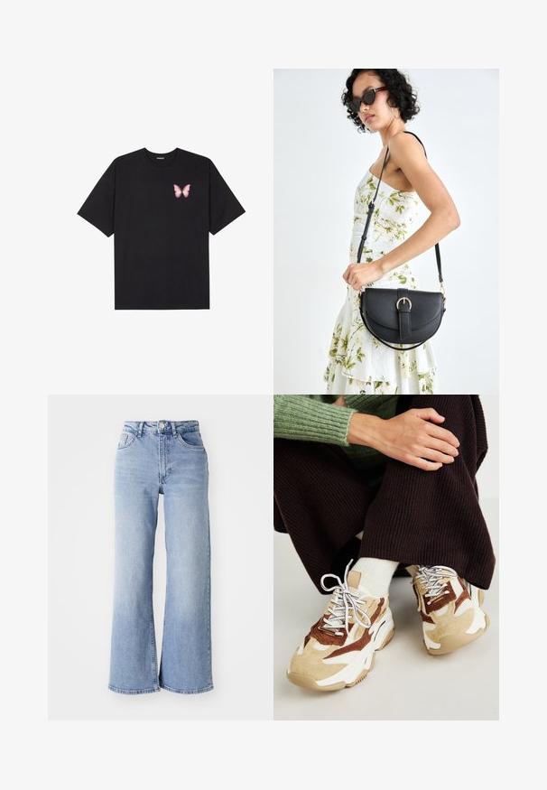 Juodas medvilnės marškinėliai trumpomis rankovėmis, su maža rožine drugelio grafika kairėje krūtinės pusėje. Apvalus kaklo iškirpimas, laisvas kirpimas.; Šviesiai mėlynos aukšto liemens plačius džinsus su priekiniais ir galiniais kišenėmis, mygtuko uždarymu ir subtiliu blukimu ant šlaunų bei apačių.; Steve Madden POSSESSIONE - Sportbačiai - brown/sand; Juodas odinis krepšys su išlenkta forma, nuimamu dirželiu ir auksiniais detalėmis. Krepšys turi kilpą su sagtimi.