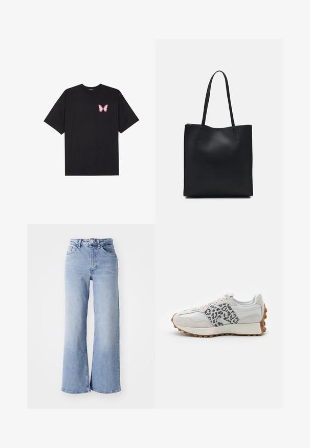 Black cotton t-shirt with short sleeves, featuring a small pink butterfly graphic on the left chest. Crew neck design with a relaxed fit.; Light blue high-waist wide-leg jeans with front and back pockets, button closure, and subtle fading on the thighs and hems.; White sneaker with grey leopard print accents, suede and leather materials, textured sole with gum rubber outsole, round toe, and lace-up design.; Black leather tote bag with smooth texture, rectangular shape, and two long handles. No visible hardware or embellishments.
