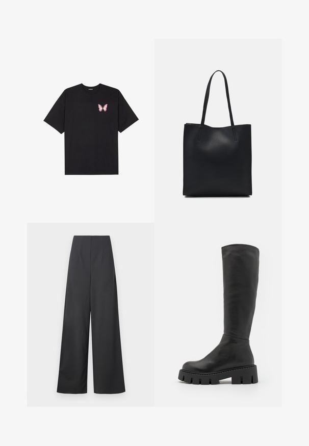 Crna pamučna majica s kratkim rukavima, s malim grafičkim prikazom ružičaste vjetricaste s desne strane na prsima. Dizajn s okruglim izrezom i opuštenim krojem.; Hlače visoke pete širokih nogavica u tamnosivom materijalu s glatkom teksturom. Nemaju vidljive džepove niti ukrase.; Crne čizme do koljena napravljene od glatke kože s zaobljenim vrhom i masivnim teksturiranim potplatom s dubokim utorima.; Crna kožna torba za nošenje s glatkom teksturom, pravokutnim oblikom i dvije duge ručke. Nema vidljivih metalnih dijelova ili ukrasa.