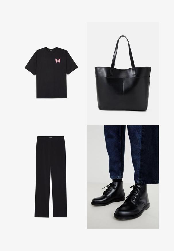 T-shirt nera in cotone con maniche corte, caratterizzata da una piccola grafica di una farfalla rosa sul lato sinistro del petto. Design a girocollo con una vestibilità rilassata.; Pantaloni in corduroy neri con taglio dritto, dotati di vita piatta e senza tasche visibili, texture liscia e dettaglio a righe verticali.; Stivali alla caviglia in pelle nera con punte arrotondate, design con lacci e occhielli in metallo. Indossati con pantaloni in denim blu scuro, che presentano una forma a gamba dritta.; Borsa a tracolla in pelle nera con due manici lunghi, una texture liscia e una forma strutturata. Presenta una tasca frontale per ulteriore spazio di archiviazione.