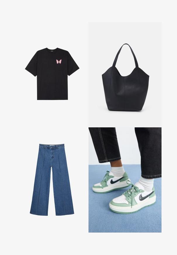 Čierne bavlnené tričko s krátkymi rukávmi, s malým ružovým motýlikom na ľavej hrudi. Design s okrúhlym výstrihom a uvoľneným strihom.; Rovné džínsy s širokými nohavicami v strednom modrom odtieni, so zvýšeným pásom, zapínaním na gombík a kontrastnými vertikálnymi švami pozdĺž prednej strany.; Jordan AIR JORDAN 1 ELEVATE - Tenisky - jade smoke/white/anthracite/sail; Čierna taška s dlhým uchom vyrobená z hladkej kože, s oblým otvoreným vrchom a dvoma ramennými popruhmi, minimalistického dizajnu.