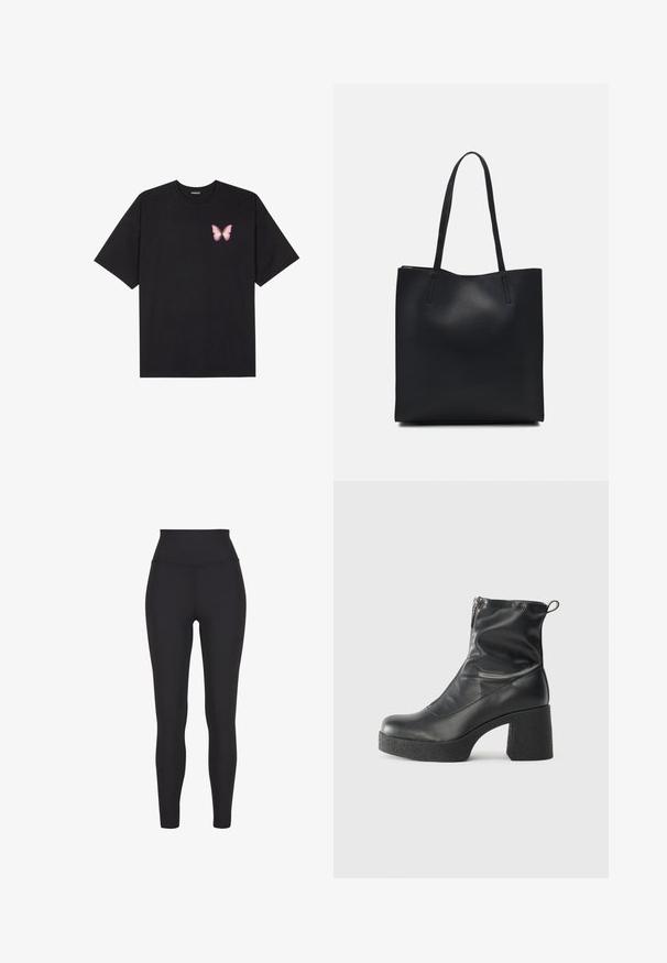 Must muströöpidega must puuvillane T-särk, vasakul rinnal on väike roosa liblikas. Ümar kaelus ja vabalt istuv lõige.; Kõrge vöökohaga mustad leggingud, mis on valmistatud venivast materjalist, omavad siledat tekstuuri ja keha lähedast disaini, ilma nähtavate õmbluste või mustriteta.; Mustad mustad ansapüksid, mis on valmistatud siledast nahast, külje zipperiga, paksu tekstuuriga kontsaga ja ümmarguse nina disainiga.; Mustast nahast kott sujuva tekstuuriga, ristkülikukujuline ja kahe pika sangaga. Pole nähtavat riistvara ega kaunistusi.