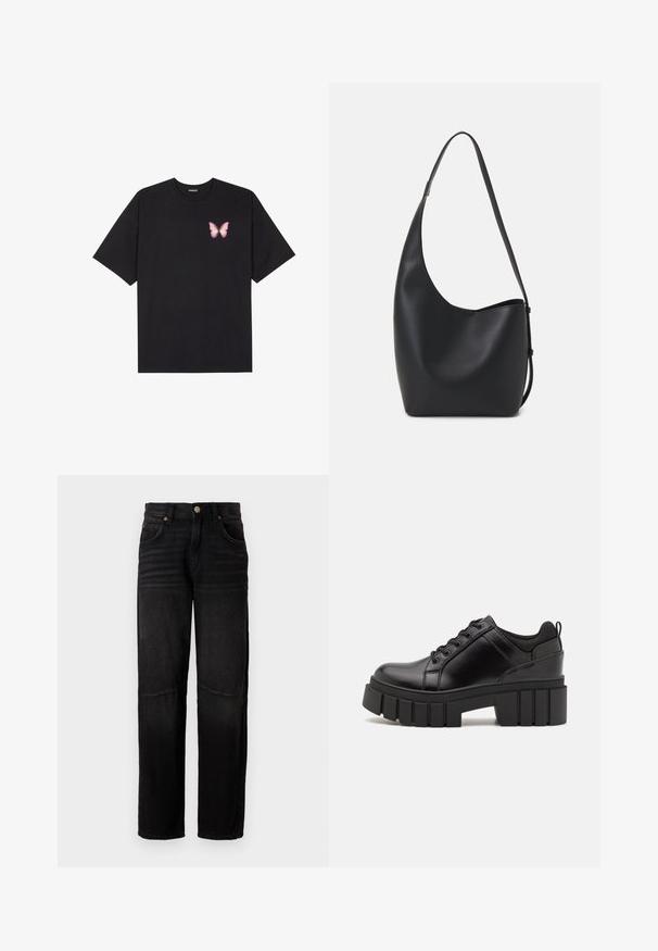 Must muströöpidega must puuvillane T-särk, vasakul rinnal on väike roosa liblikas. Ümar kaelus ja vabalt istuv lõige.; Mustad teksad sirge lõikega, viis taskut, nupuga kinnitamine ning õrn pleekinud detailimine reisil ja põlvedel.; Must musta platvormsussid paksu plokkninal, ümmarguse varbaga ja traditsioonilise nööridega kinnitamisega. Sussid on sileda tekstuuriga ja minimaalsete detailidega.; Mustast nahast hobo kott, millel on sile tekstuur, kumer kuju ja üks reguleeritav rihm; peal on lai avaus.