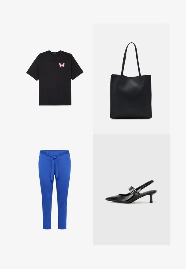 T-shirt en coton noir à manches courtes, avec un petit graphique de papillon rose sur la poitrine gauche. Modèle à col rond avec une coupe décontractée.; Pantalons fuselés bleu en tissu extensible avec une taille ceinturée, présentant une texture lisse et une longueur mi-mollet.; Escarpins slingback en cuir verni noir avec un bout pointu et un petit talon bloc, mettant en avant un accent en boucle argentée sur la sangle.; Sac fourre-tout en cuir noir avec une texture lisse, de forme rectangulaire et deux longues poignées. Pas de matériel ou d'ornementations visibles.