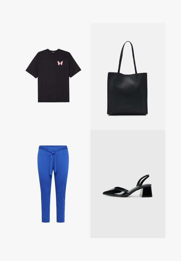 Black cotton t-shirt with short sleeves, featuring a small pink butterfly graphic on the left chest. Crew neck design with a relaxed fit.; Blue tapered pants made of stretchy fabric with a belted waist, featuring a smooth texture and a mid-calf length.; Black patent leather slingback heels with a pointed toe and a geometric block heel. Features a sleek, minimal design and smooth texture.; Black leather tote bag with smooth texture, rectangular shape, and two long handles. No visible hardware or embellishments.