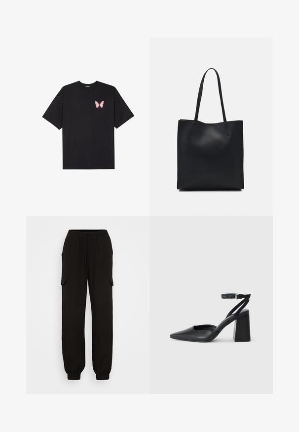 Must muströöpidega must puuvillane T-särk, vasakul rinnal on väike roosa liblikas. Ümar kaelus ja vabalt istuv lõige.; Mustad mustad püksid mugava lõikega, elastse vöökoha, nööriga kinnituse ja küljetaskutega. Valmistatud kergest kangast.; Mustmustest must-käigukingad, millel on konksuga nöör ja paks konts. Ühtlane tekstuur, stiilne disain ja minimalistlik esteetika.; Mustast nahast kott sujuva tekstuuriga, ristkülikukujuline ja kahe pika sangaga. Pole nähtavat riistvara ega kaunistusi.