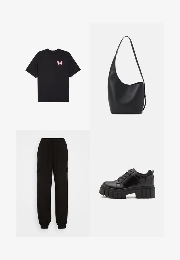 Črna bombažna majica s kratkimi rokavi, ki ima majhen roza metuljček na levi strani prsnega dela. Majica s krožnim ovratnikom in sproščenim krojem.; Črne cargo hlače z udobnim krojem, ki imajo elastičen pas, sistem z vrvico in stranske žepe. Narejene so iz lahke tkanine.; Črne usnjene platforme z debelim blokastim petam, okroglo konico in klasičnim vezanjem. Imajo gladko teksturo in minimalne podrobnosti.; Črna usnjena hobo torba z gladko teksturo, ukrivljeno obliko in eno nastavljivo naramnico; ima širok odprtina na vrhu.