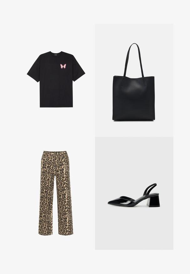 Must muströöpidega must puuvillane T-särk, vasakul rinnal on väike roosa liblikas. Ümar kaelus ja vabalt istuv lõige.; Beige ja must leopardimustriga laiade jalgade püksid, mis on varustatud nupukinnitusega ja mitme taskuga ning valmistatud tekstuurses kangas.; Mustad musta lakknahk kingad, millel on terav varvas ja geomeetriline plokkkonts. Omab elegantselt minimalistlikku disaini ja sujuvat tekstuuri.; Mustast nahast kott sujuva tekstuuriga, ristkülikukujuline ja kahe pika sangaga. Pole nähtavat riistvara ega kaunistusi.