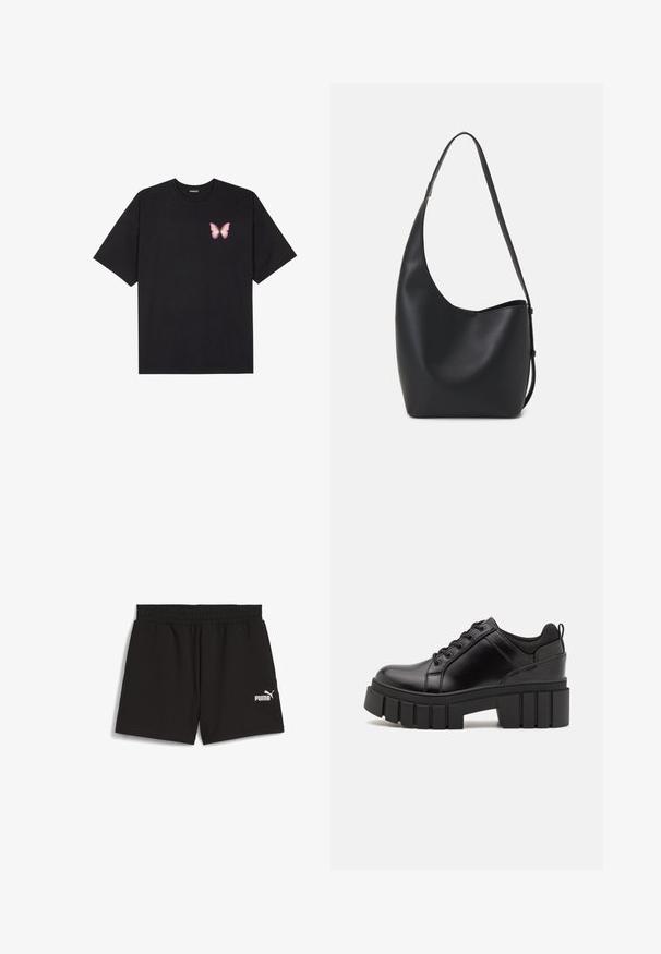 Svart bomullströja med korta ärmar, med en liten rosa fjärilsgrafik på vänster bröst. Rundad halsdesign med en avslappnad passform.; Svarta träningsshorts i lättviktig tyg. Har en elastisk midja och sidofickor. Vit Puma-logotyp på nedre vänstra sidan.; Svarta läderplattformsskor med en kraftig blockklack, rund tå och traditionell snörningsdesign. Har en slät textur och minimal detaljering.; Svart läder hobo-väska med en slät textur, kurvig form och en justerbar axelrem; har en bred öppning upptill.