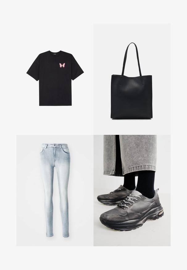T-shirt de algodão preto com mangas curtas, apresentando um pequeno gráfico de borboleta rosa no lado esquerdo do peito. Design de gola redonda com um corte solto.; Calças skinny de denim azul claro, com uma cintura alta, cinco bolsos e um desbotado subtil ao longo das coxas. Detalhe de bainha desfiada.; Sapatilhas atléticas pretas e cinzentas apresentam um upper em malha, solas espessas e atacadores. Têm um bico arredondado e detalhes de amortecimento visíveis.; Bolsa tote preta em couro com textura lisa, forma retangular e duas alças longas. Sem hardware ou enfeites visíveis.