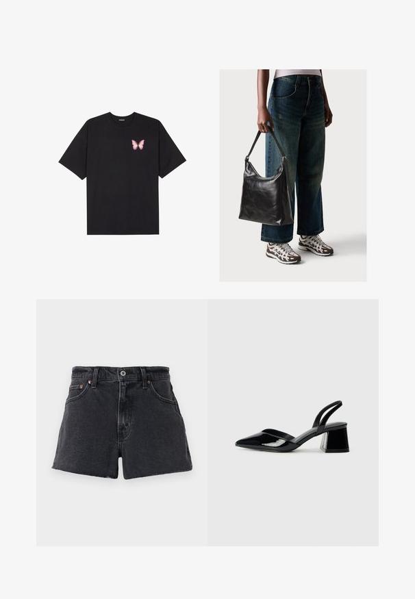 Černé bavlněné tričko s krátkým rukávem, na levém prsou s malou grafikou růžové motýlky. Design s kruhovým výstřihem a volným střihem.; Vysoké černé džíny šortky s třásněmi na lemu, designem se pěti kapsami, kovovým zapínáním a jemným kontrastním prošíváním.; Černé lakované kožené lodičky na pásku s špičatou špičkou a geometrickým blokovým podpatkem. Vyznačují se elegantním, minimalistickým designem a hladkým povrchem.; Černá kožená kabelka přes rameno se hladkým povrchem a nastavitelným popruhem, spárovaná s vybledlými džínami širokého střihu a sportovními teniskami.