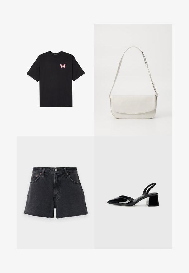 Must muströöpidega must puuvillane T-särk, vasakul rinnal on väike roosa liblikas. Ümar kaelus ja vabalt istuv lõige.; Kõrge piha mustad denim lühikesed püksid fraktsiooniga äärega, viie taskuga disain, metallist nööbi sulgemine ja peened kontrastõmblused.; Mustad musta lakknahk kingad, millel on terav varvas ja geomeetriline plokkkonts. Omab elegantselt minimalistlikku disaini ja sujuvat tekstuuri.; Valge nahast õlavarre kott, millel on sile viimistlus, ristkülikukujuline kuju, klapiga sulgemine ja reguleeritav rihm. Lihtne tikand