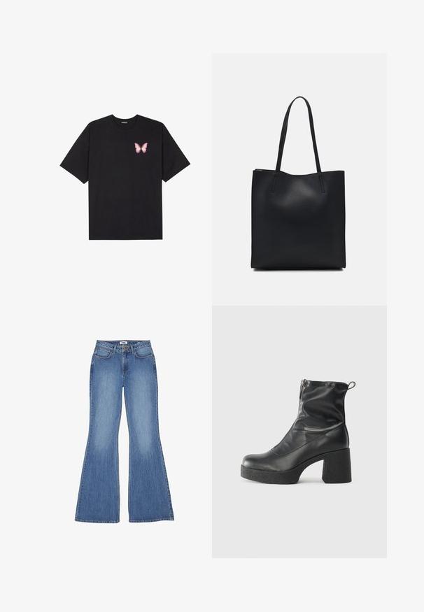 Tricou negru din bumbac cu mâneci scurte, având pe partea stângă a pieptului un mic grafic cu un fluture roz. Design cu guler rotund și croială lejeră.; Jeans din denim albastru cu croi evazat, talie înaltă, cinci buzunare și cusături contrastante; textură netedă și spălare clasică.; Bocanci negri de glezna din piele netedă, cu fermoar lateral, toc texturat și masiv, și design cu vârf rotund.; Geantă tote neagră din piele, cu textură netedă, formă rectangulară și două mânere lungi. Fără hardware vizibil sau ornamente.
