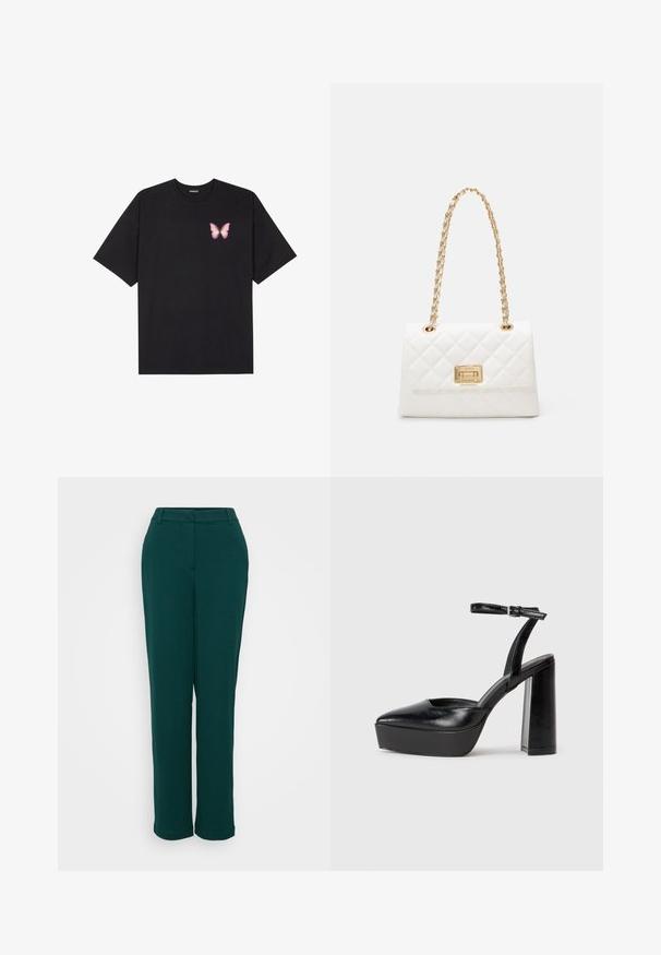 Black cotton t-shirt with short sleeves, featuring a small pink butterfly graphic on the left chest. Crew neck design with a relaxed fit.; Green high-waisted trousers with a straight leg design, made from smooth fabric, featuring front pockets and a discreet waistband.; Black platform heels with a pointed toe and adjustable ankle strap. Constructed from smooth leather, featuring a chunky block heel.; White quilted handbag with a gold chain strap and rectangular clasp. Features a smooth texture and geometric stitching pattern.