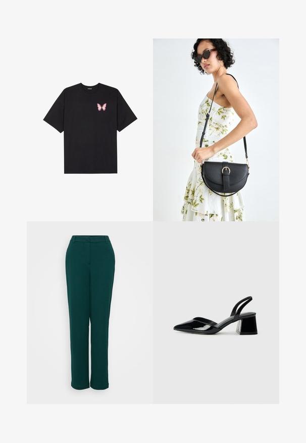 Melna kokvilnas T-krekls ar īsām piedurknēm, kuram priekšā kreisajā pusē ir neliels rozā tauriņa grafiskais attēls. Ar apaļu kaklu un brīvā stila piegriezumu.; Zaļas augstpapēžu bikses ar taisnu kāju dizainu, izgatavotas no gludas auduma, ar priekšējiem kabatām un diskrētu jostasvietu.; Melna lakota āda ar atvērto papēdi, ar smailu purngalu un ģeometrisku blokpapēdi. Iezīmējas elegants, minimāls dizains un gluda tekstūra.; Melnas ādas rokassoma ar izliekta formu, noņemamu siksnu un zelta aksesuāriem. Somai ir vāciņš ar sprādzes detaļu.