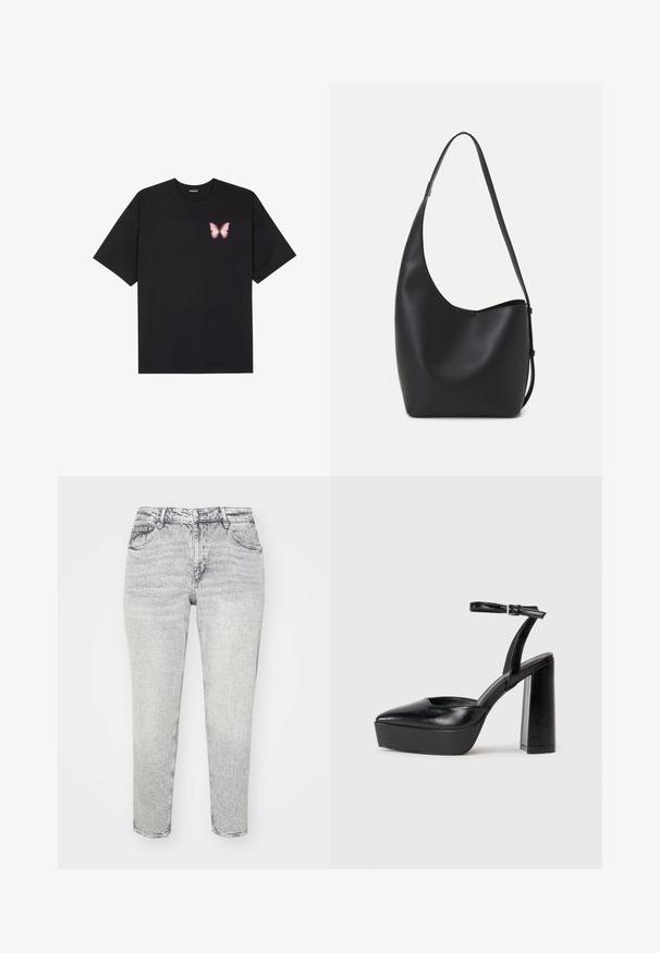 Black cotton t-shirt with short sleeves, featuring a small pink butterfly graphic on the left chest. Crew neck design with a relaxed fit.; Vero Moda Curve VMCTESSA MOM - Slim fit jeans - light grey denim; Black platform heels with a pointed toe and adjustable ankle strap. Constructed from smooth leather, featuring a chunky block heel.; Black leather hobo bag with a smooth texture, curved shape, and single adjustable strap; features a wide opening at the top.