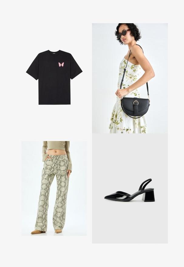 Schwarzes Baumwoll-T-Shirt mit kurzen Ärmeln, das ein kleines pinkes Schmetterlingsmotiv auf der linken Brust zeigt. Crewneck-Design mit einem entspannten Schnitt.; Weite Hosen mit einem hellgrünen und grauen Schlangenmuster. Sie bestehen aus einem strukturierten Stoff, haben Seitentaschen und einen Knopfverschluss.; Schwarze Lackleder-Slingback-High Heels mit spitzem Schuh und einem geometrischen Blockabsatz. Verfügt über ein schlankes, minimalistisches Design und eine glatte Textur.; Schwarze Lederhandtasche mit geschwungener Form, abnehmbarem Tragegurt und goldenen Beschlägen. Die Tasche verfügt über einen Deckel mit einer Schnallen-Details.