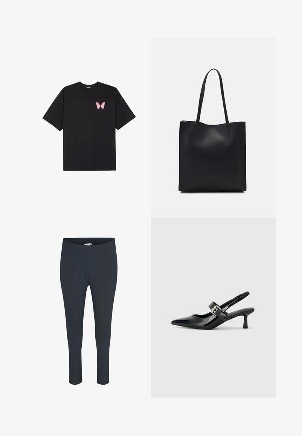 Zwarte katoenen t-shirt met korte mouwen, voorzien van een kleine roze vlinder graphic op de linkerkant van de borst. Crew neck ontwerp met een relaxte fit.; Navyblauwe, nauwsluitende broek met een gladde textuur, voorzien van plooien aan de voorkant en een rekbare tailleband voor comfort.; Zwarte gepatineerde leren slingback hakken met een puntige neus en een kleine blokhak, met een zilveren gespaccent op de band.; Zwarte leren handtas met een gladde textuur, rechthoekige vorm en twee lange handvaten. Geen zichtbare hardware of versieringen.