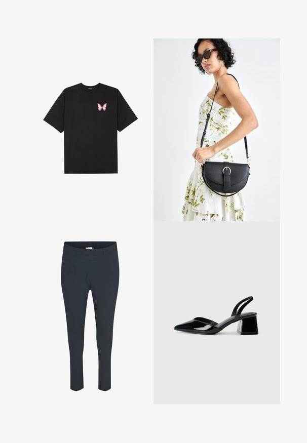 T-shirt en coton noir à manches courtes, avec un petit graphique de papillon rose sur la poitrine gauche. Modèle à col rond avec une coupe décontractée.; Pantalon sur mesure bleu marine, avec une texture lisse, présentant des plis à l'avant et une taille élastique pour le confort.; Escarpins en cuir verni noir avec bout pointu et talon bloc géométrique. Présente un design élégant et minimaliste ainsi qu'une texture lisse.; Sac à main en cuir noir avec une forme courbée, bandoulière amovible et des accessoires en or. Le sac est doté d'un rabat avec un détail de boucle.