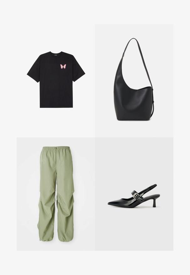 Črna bombažna majica s kratkimi rokavi, ki ima majhen roza metuljček na levi strani prsnega dela. Majica s krožnim ovratnikom in sproščenim krojem.; Svetlozeleni hlače z elastičnim pasom in ohlapnim krojem, s nabranimi stranskimi detajli in manšetami. Narejene so iz gladkega materiala.; Črne patent usnjene slingback pete s koničastim nosom in majhnim blok peto, ki vključujejo srebrno zaponko na traku.; Črna usnjena hobo torba z gladko teksturo, ukrivljeno obliko in eno nastavljivo naramnico; ima širok odprtina na vrhu.