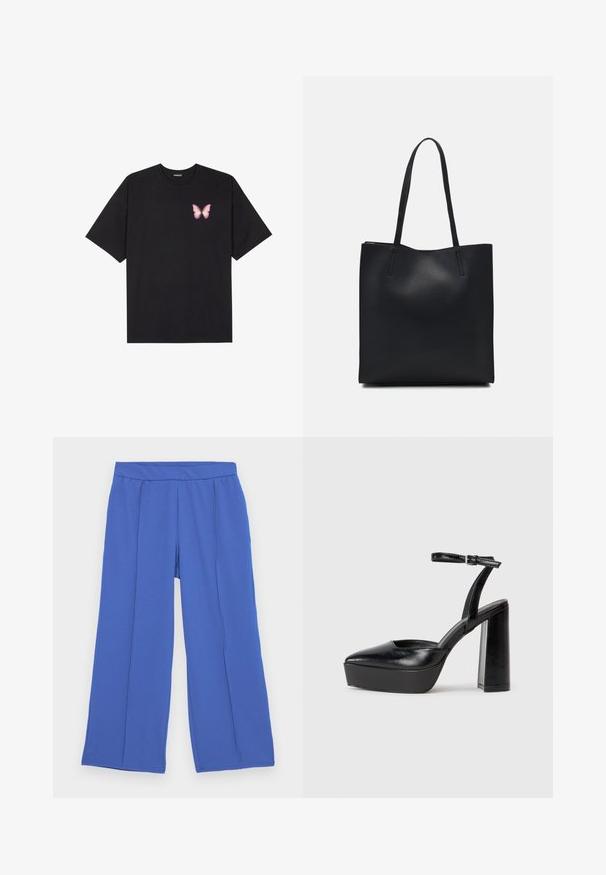T-shirt de algodão preto com mangas curtas, apresentando um pequeno gráfico de borboleta rosa no lado esquerdo do peito. Design de gola redonda com um corte solto.; Calças largas feitas de um tecido suave e elástico em azul brilhante. Apresentam uma cintura plana e dois pregas frontais para adicionar um detalhe de design.; Saltos altos pretos com bico fino e atilho ajustável no tornozelo. Confeccionados em couro suave, apresentam um salto bloco robusto.; Bolsa tote preta em couro com textura lisa, forma retangular e duas alças longas. Sem hardware ou enfeites visíveis.