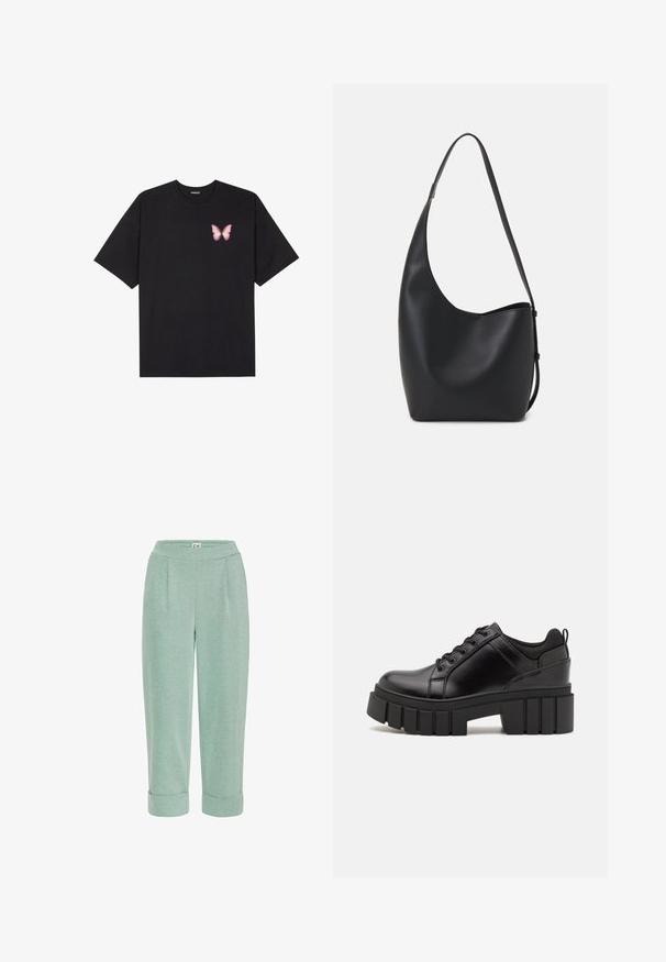 Crna pamučna majica s kratkim rukavima, s malim grafičkim prikazom ružičaste vjetricaste s desne strane na prsima. Dizajn s okruglim izrezom i opuštenim krojem.; Svijetlozelene skraćene hlače od mekog materijala, s obrušenim rubom i prednjim naborima, osmišljene za udobnost i svakodnevno nošenje.; Crne kožne platforme s debelim blok-peta, okruglim prstima i klasičnim dizajnom vezanja. Imaju gladak tekstur i minimalne detalje.; Crna kožna hobo torba s glatkom teksturom, zakrivljenim oblikom i jednom podesivom trakicom; ima širok otvor na vrhu.